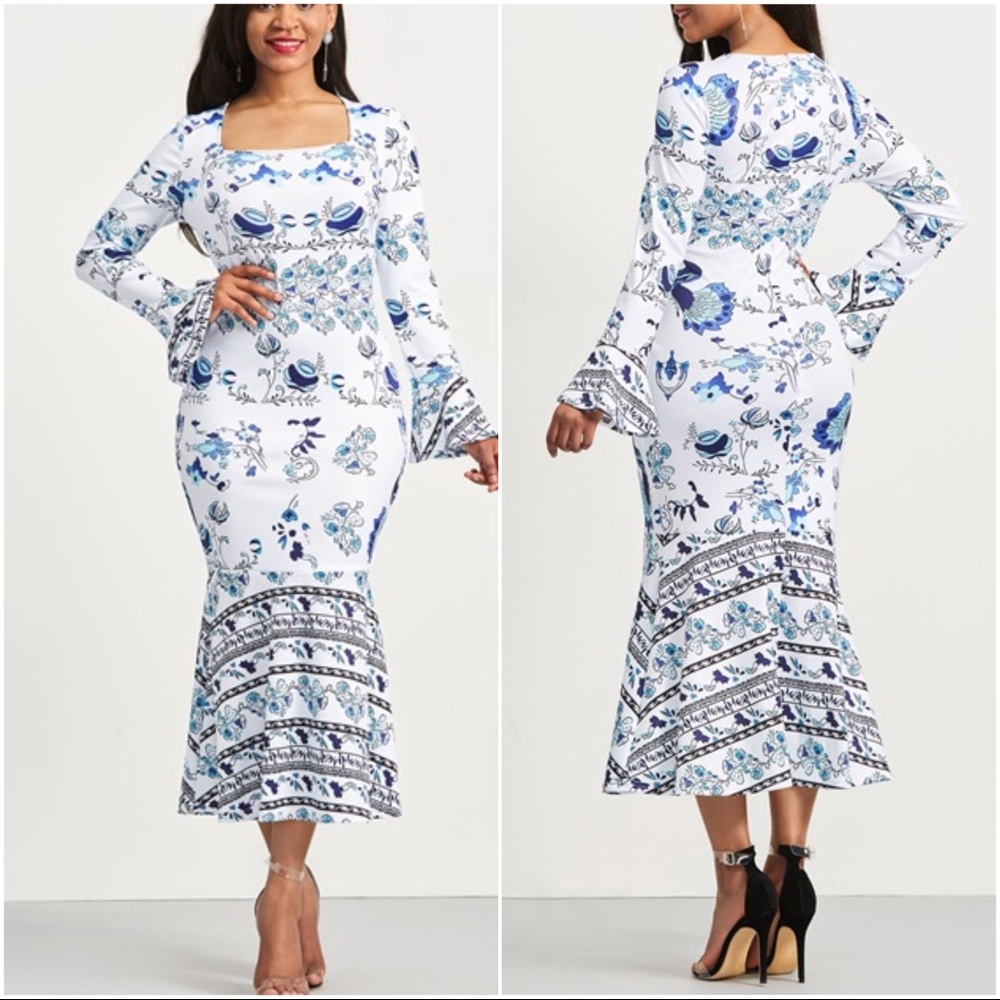 White and Blue Maxi Flower Dress